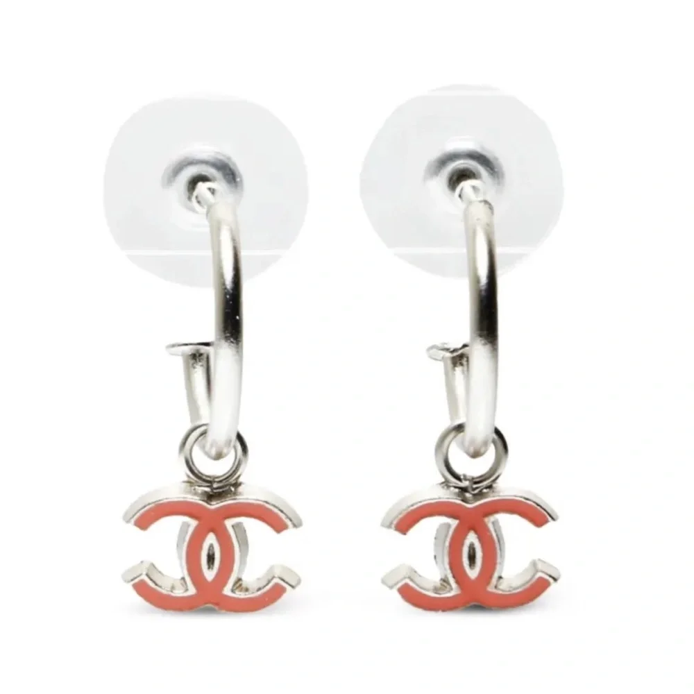 CHANEL Silver and Red CC Hoop Pierced Earrings